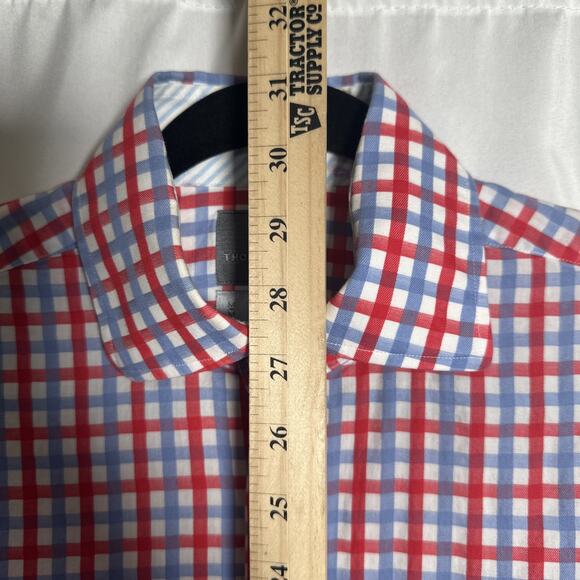 THOMAS DEAN Men's Red Blue Plaid Cotton Button Up Dress Shirt Size Medium - Picture 8 of 9